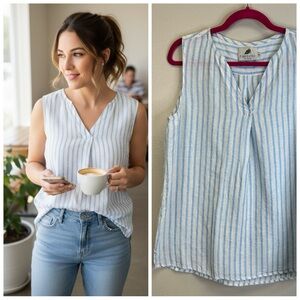 100% Linen Beachy Travel Summer Coastal Blue White Striped Tank Top XL Vacation